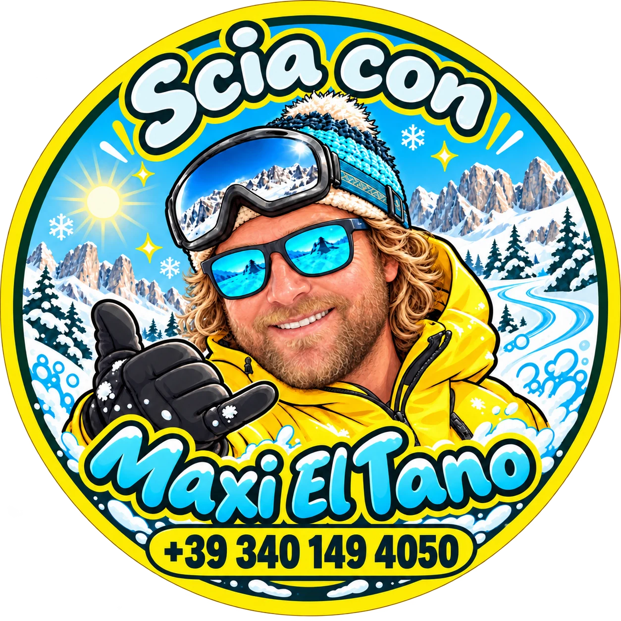 Illustrazione sorridente di Massimiliano, Maxi El Tano, con il numero +39 340 149 4050
