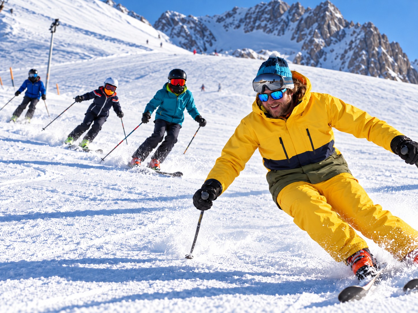 Massimiliano e un gruppo di bambini sugli sci tra le montagne